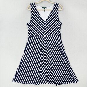 Ralph Lauren Dress Womens Large Petite Blue White Striped LRL A Line Sleeveless